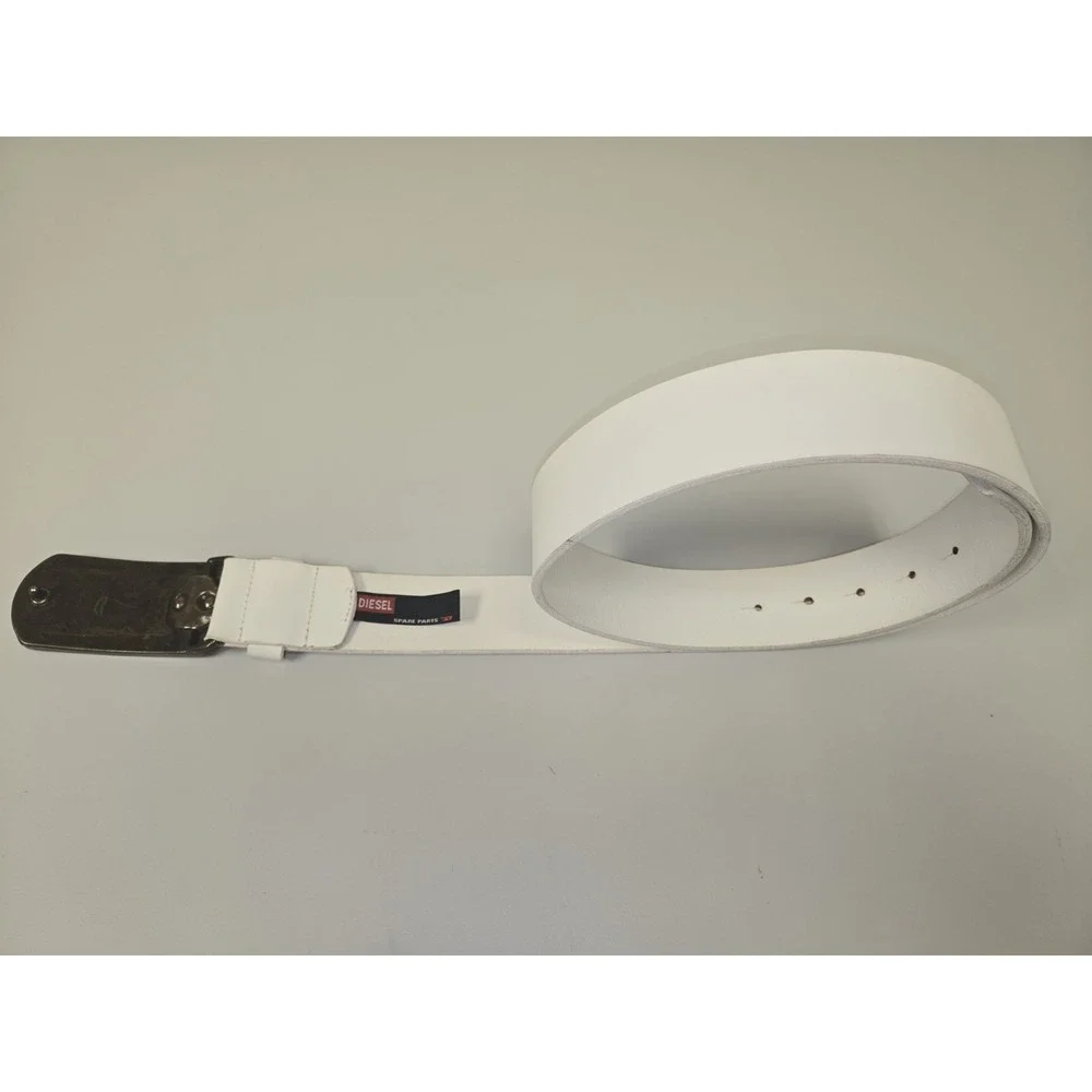 Diesel Men's White‎ Leather Belt With Big Letter Metal Buckle 44 Inch